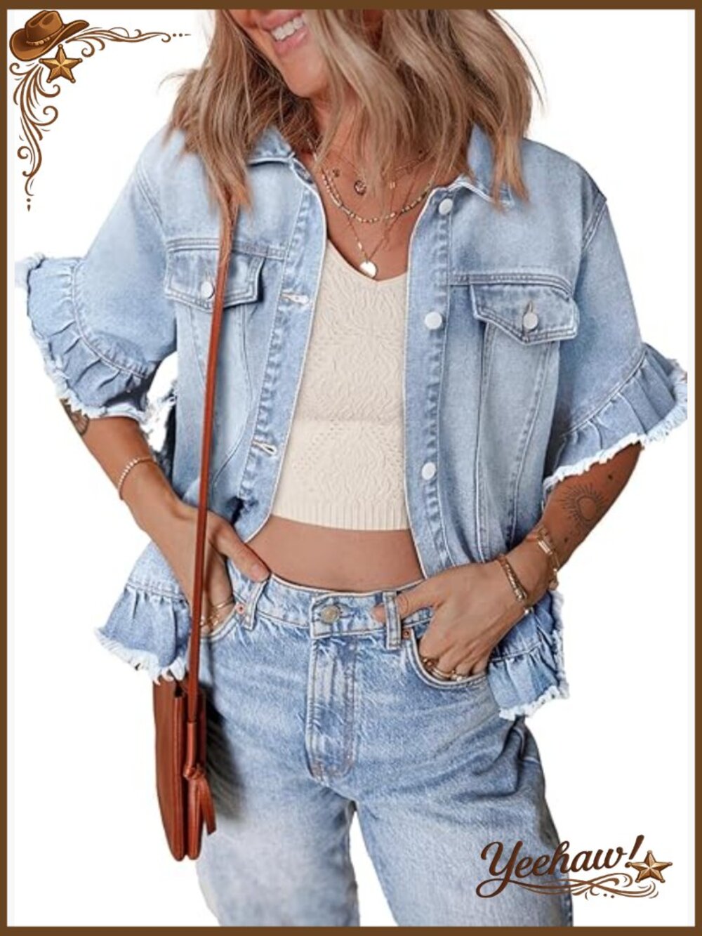 Womens Jean Jacket Short Sleeve Button Down Ruffle Denim Jacket Trendy